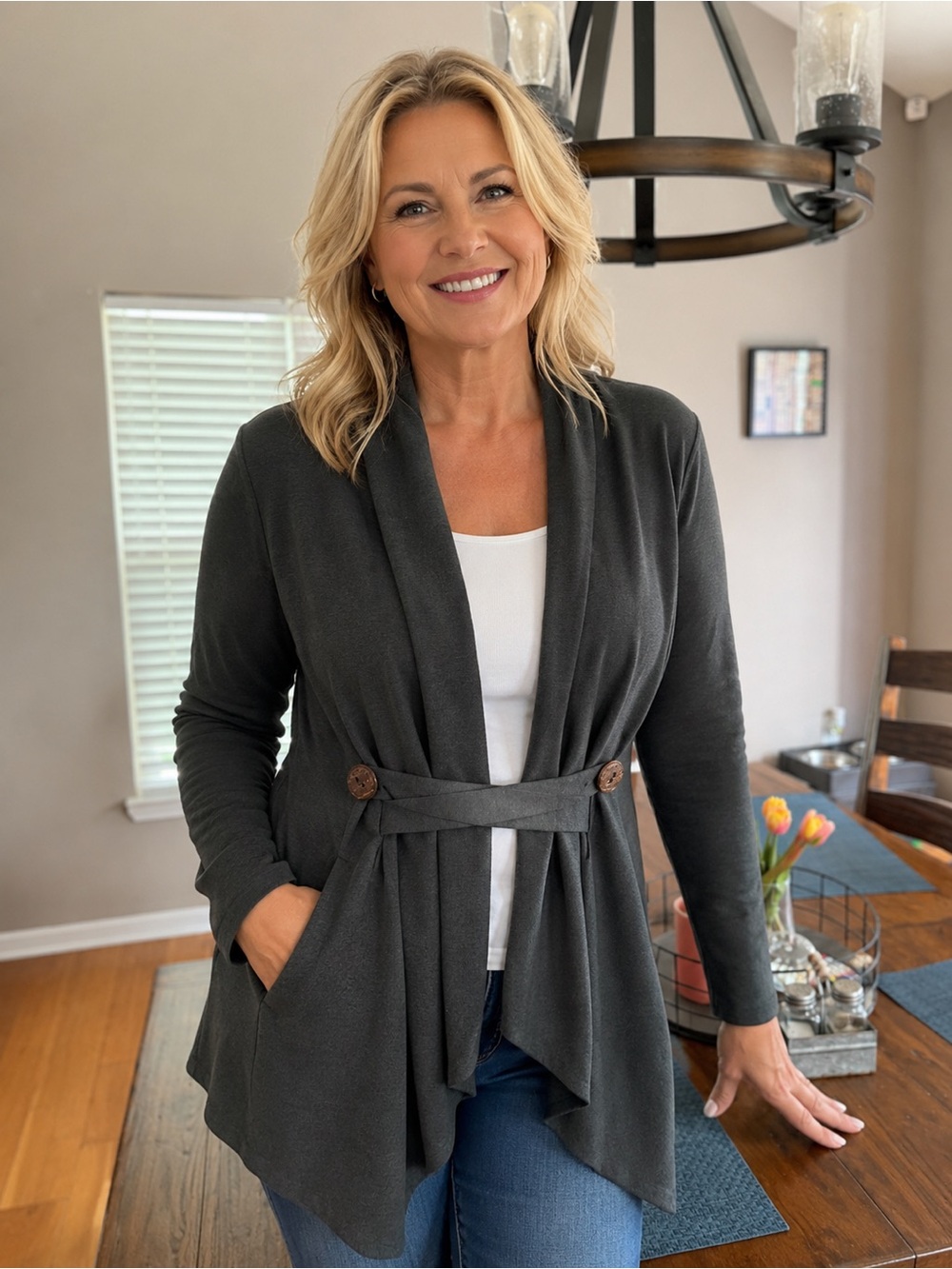 Women’s Olive Open-Front Drape Cardigan with Button-Tab Waist